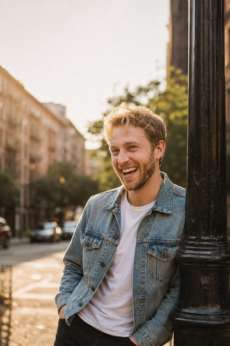 Noah laughing on a sunny city street