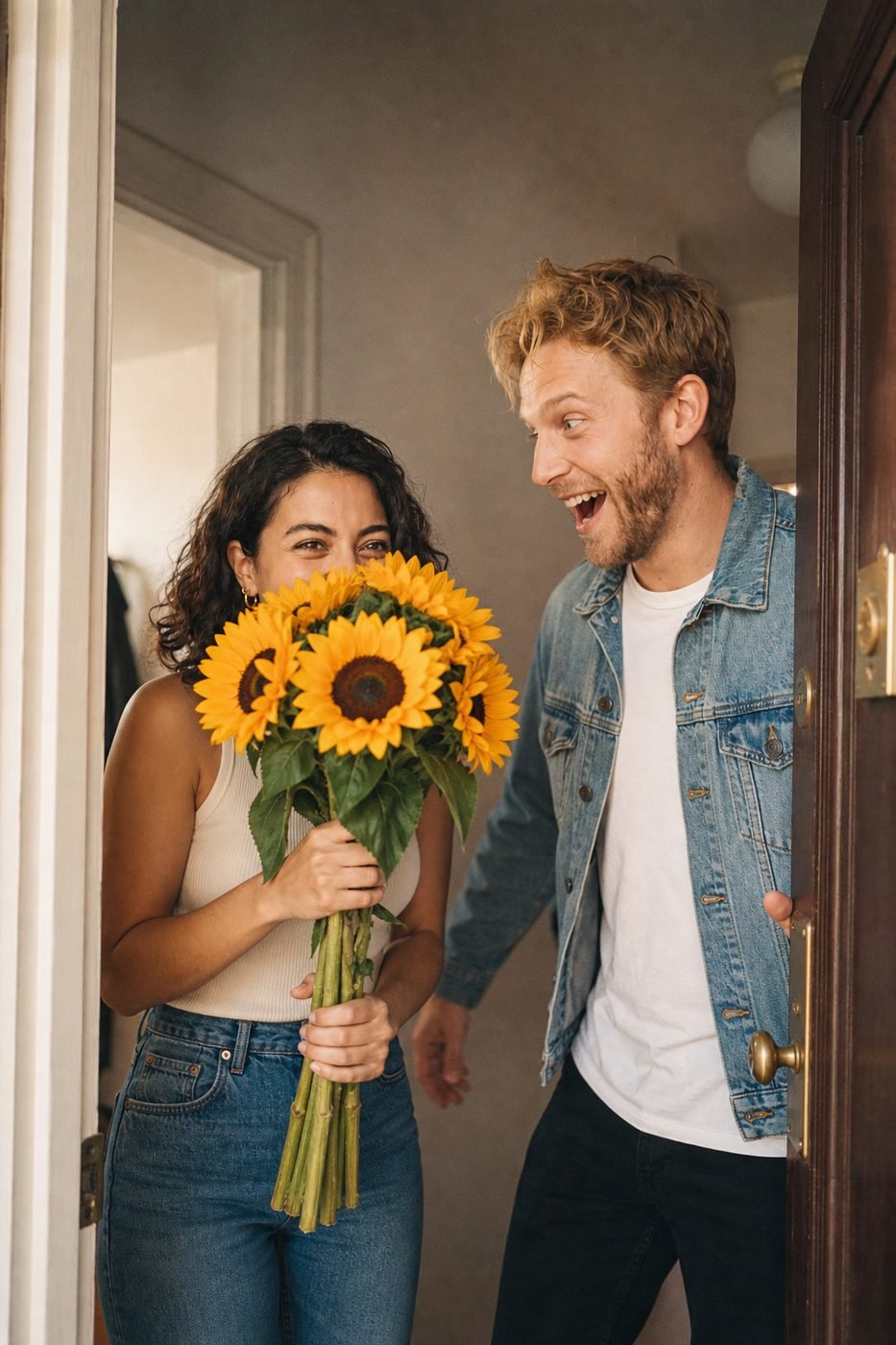 Ava surprising Noah with sunflowers at the door