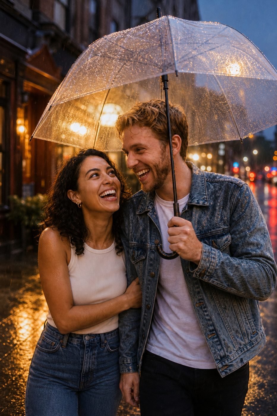 Ava and Noah laughing under an umbrella in the rain