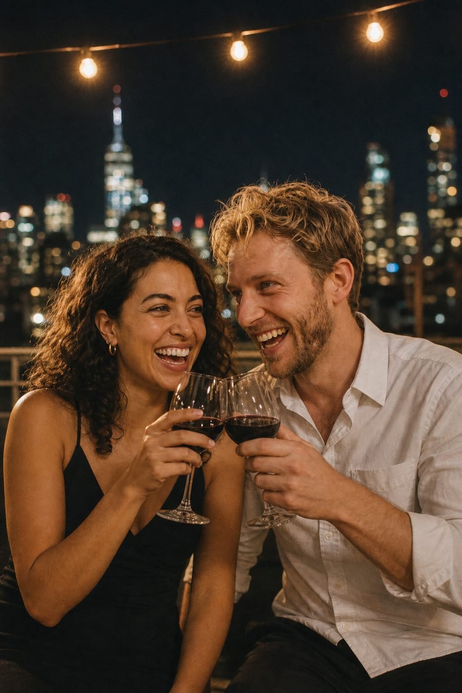 Ava and Noah toasting on a rooftop at night