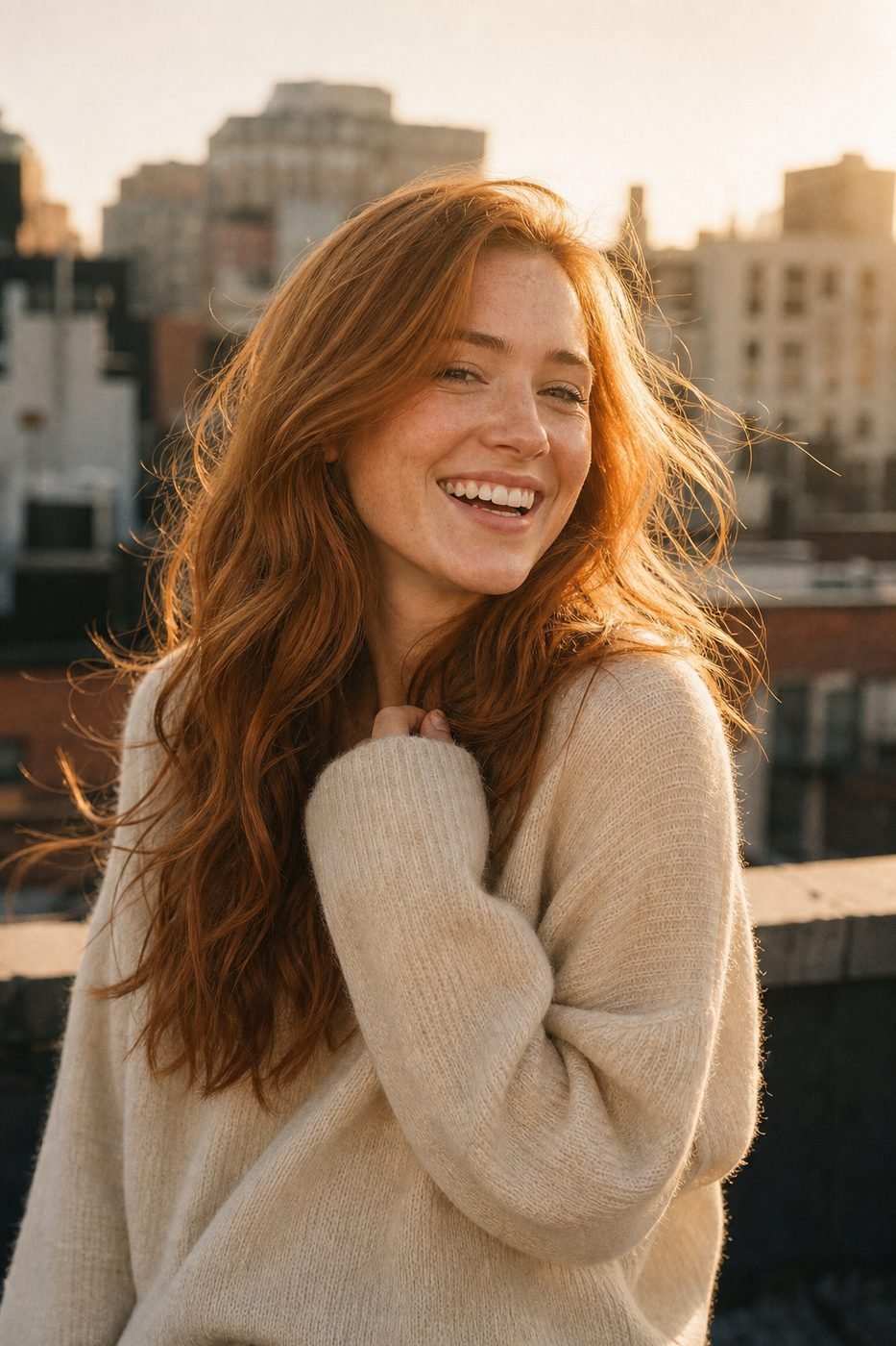 Olivia smiling on a city rooftop