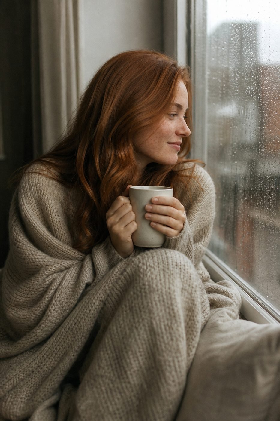 Olivia by a rainy window
