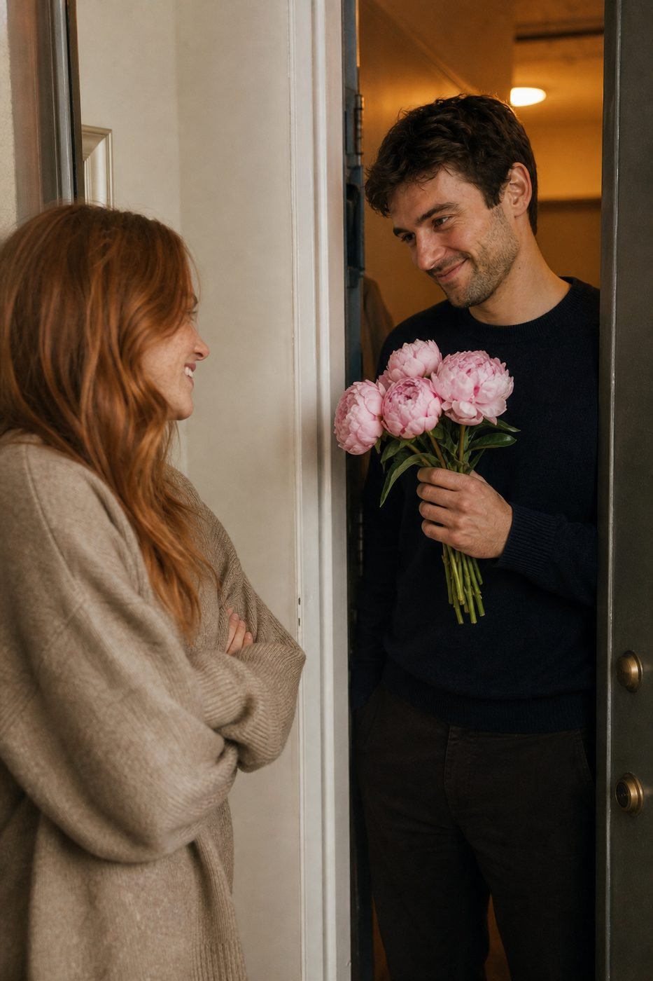 Ryan at the door with pink peonies