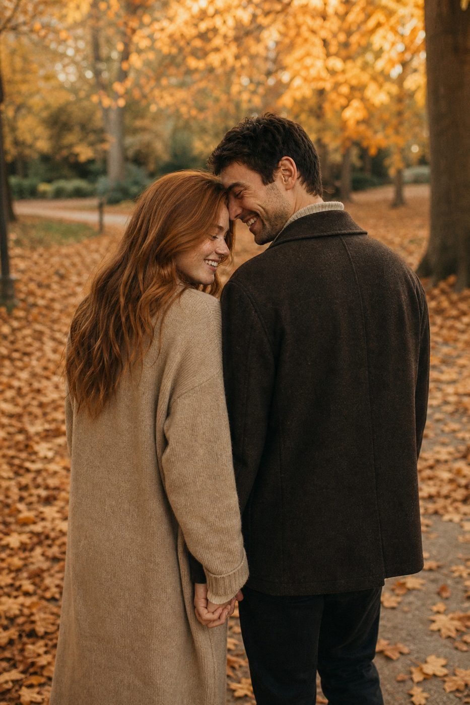 Olivia and Ryan walking through autumn leaves