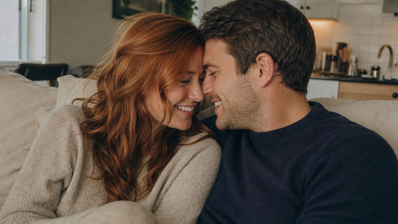 Olivia and Ryan close together on the couch